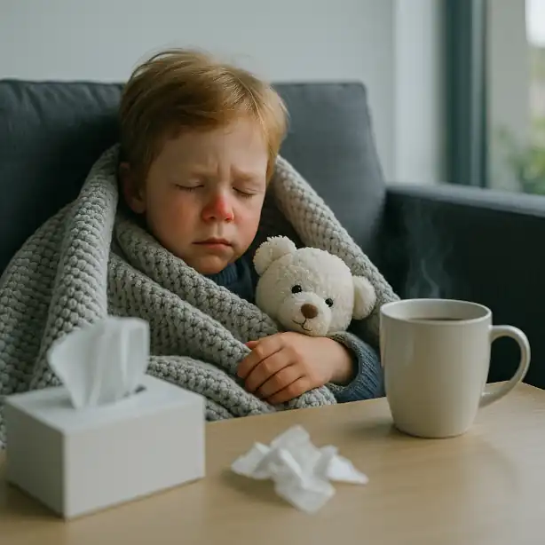 Ein krankes Kind sitzt auf dem Sofa und hat eine rote Nase vom vielen Naseputzen