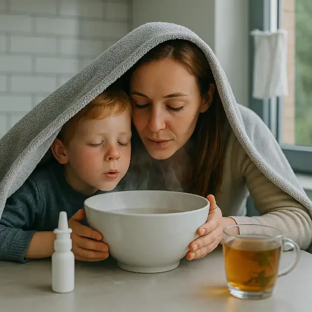 Kind und Mutter inhalieren zusammen über einer Schüssel, Tasse Tee, Taschentücher und Nasenspray auf dem Tisch